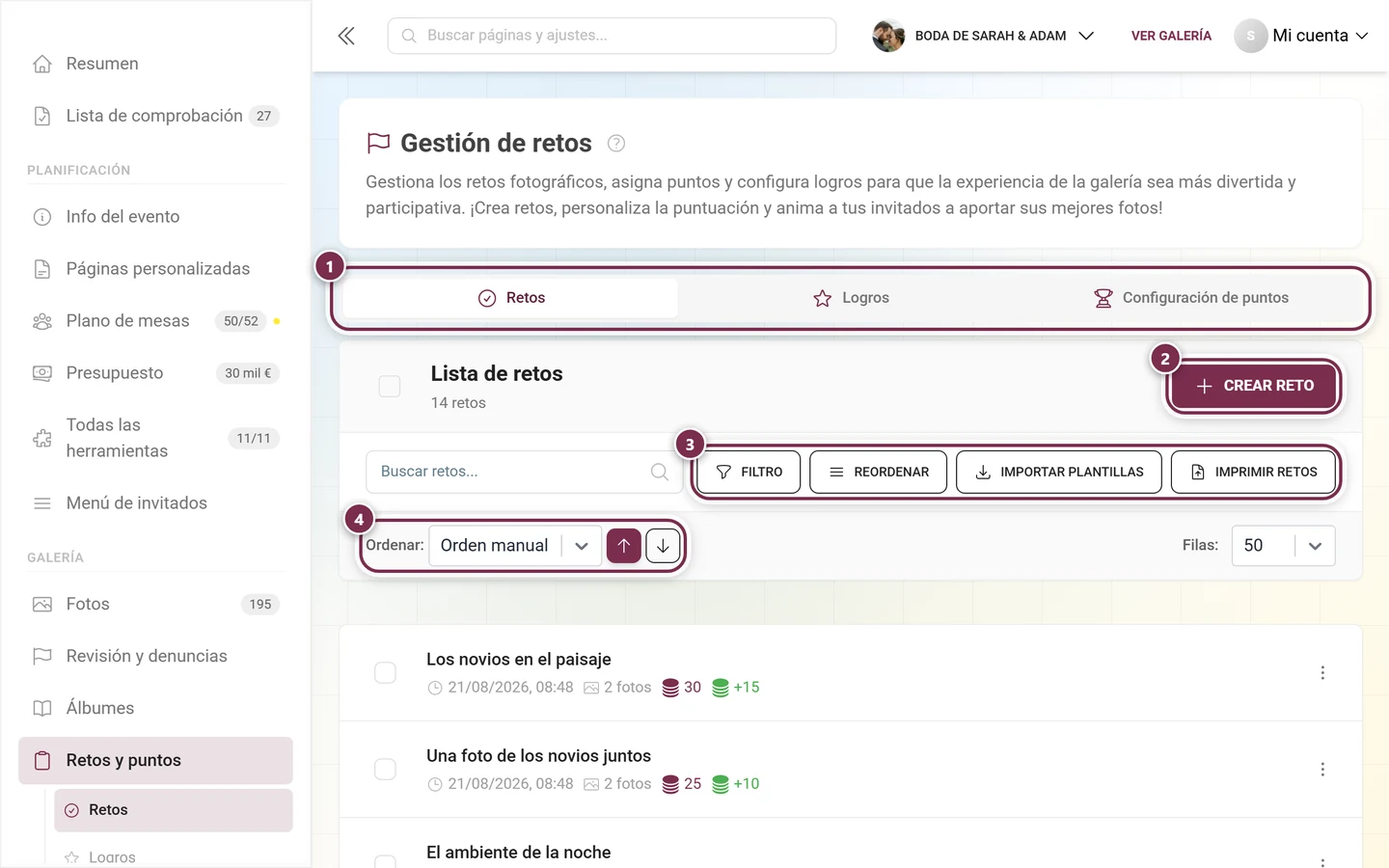 Gestión de retos con la barra de pestañas, el botón de creación, la barra de herramientas y el orden señalados