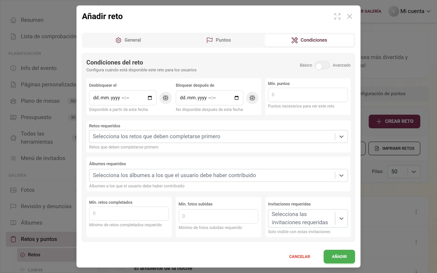 Pestaña Condiciones en el editor de retos con los interruptores Básico y Avanzado