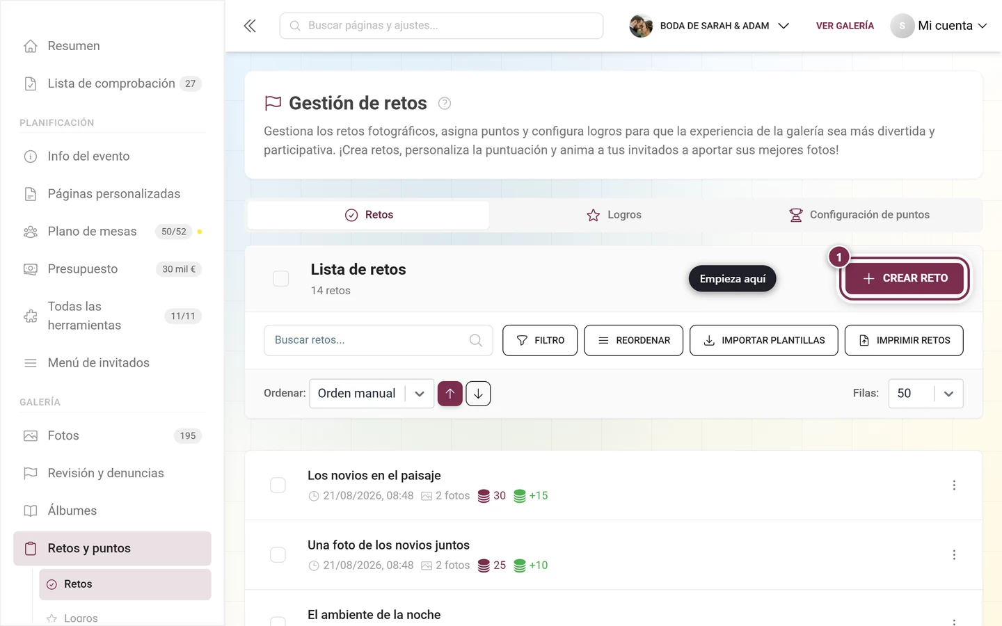 Gestión de retos con el botón Crear reto resaltado en rojo arriba a la derecha, sobre la barra de herramientas