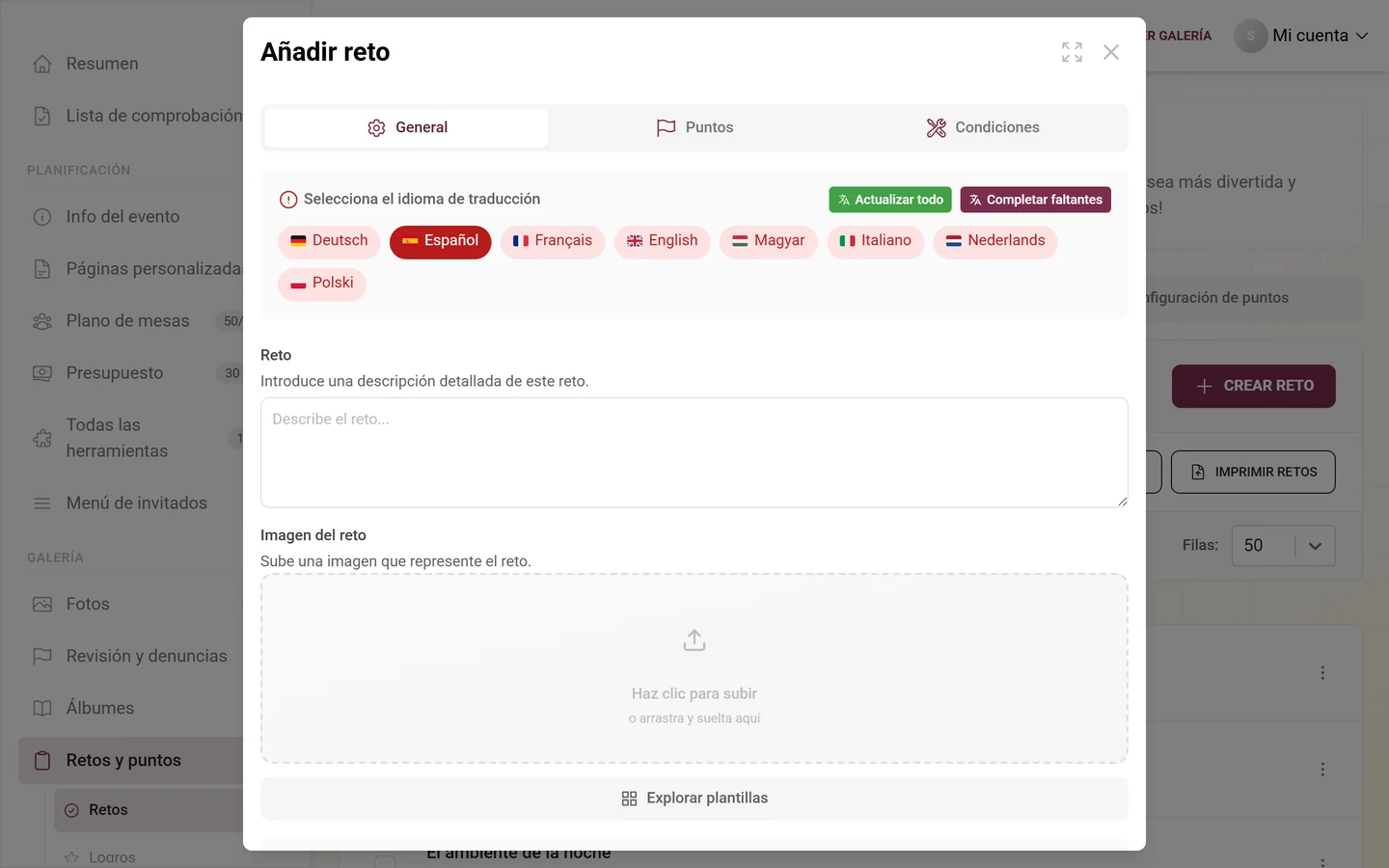 Editor de retos con campos para el reto, la imagen de referencia, los puntos y el orden