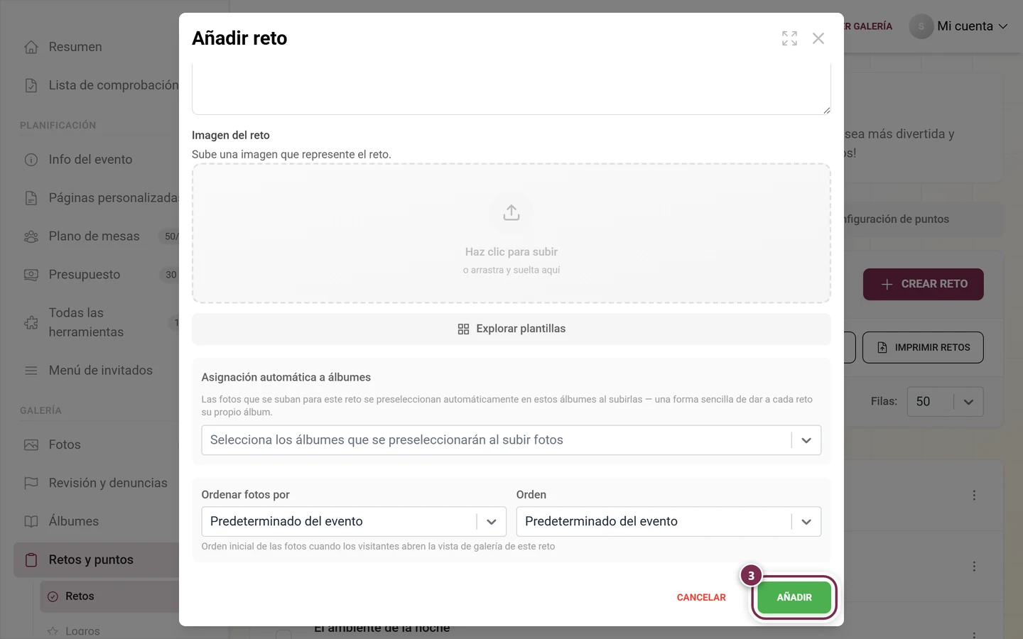 Parte inferior del editor de retos con el botón Añadir resaltado en rojo junto a Cancelar