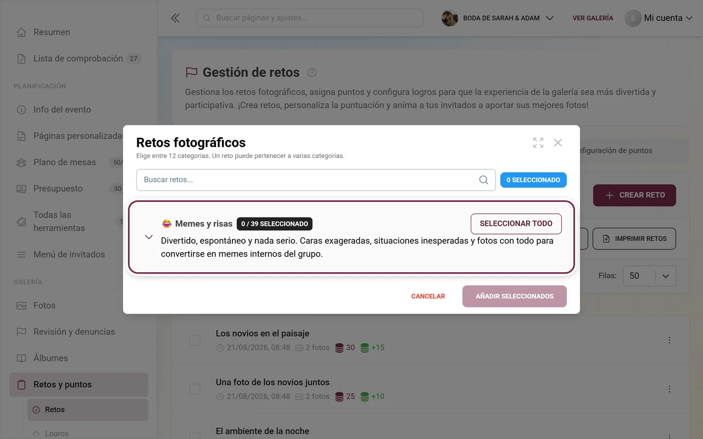 Diálogo Retos fotográficos con campo de búsqueda y la primera fila de categoría resaltada en rojo