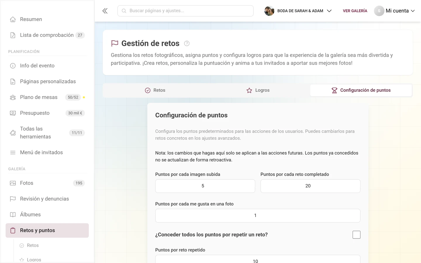 Pestaña Configuración de puntos con los valores de puntos por acción