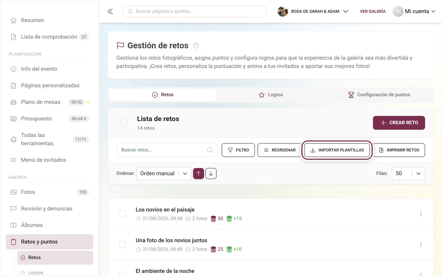 Barra de herramientas de la gestión de retos con el botón Importar plantillas resaltado en rojo