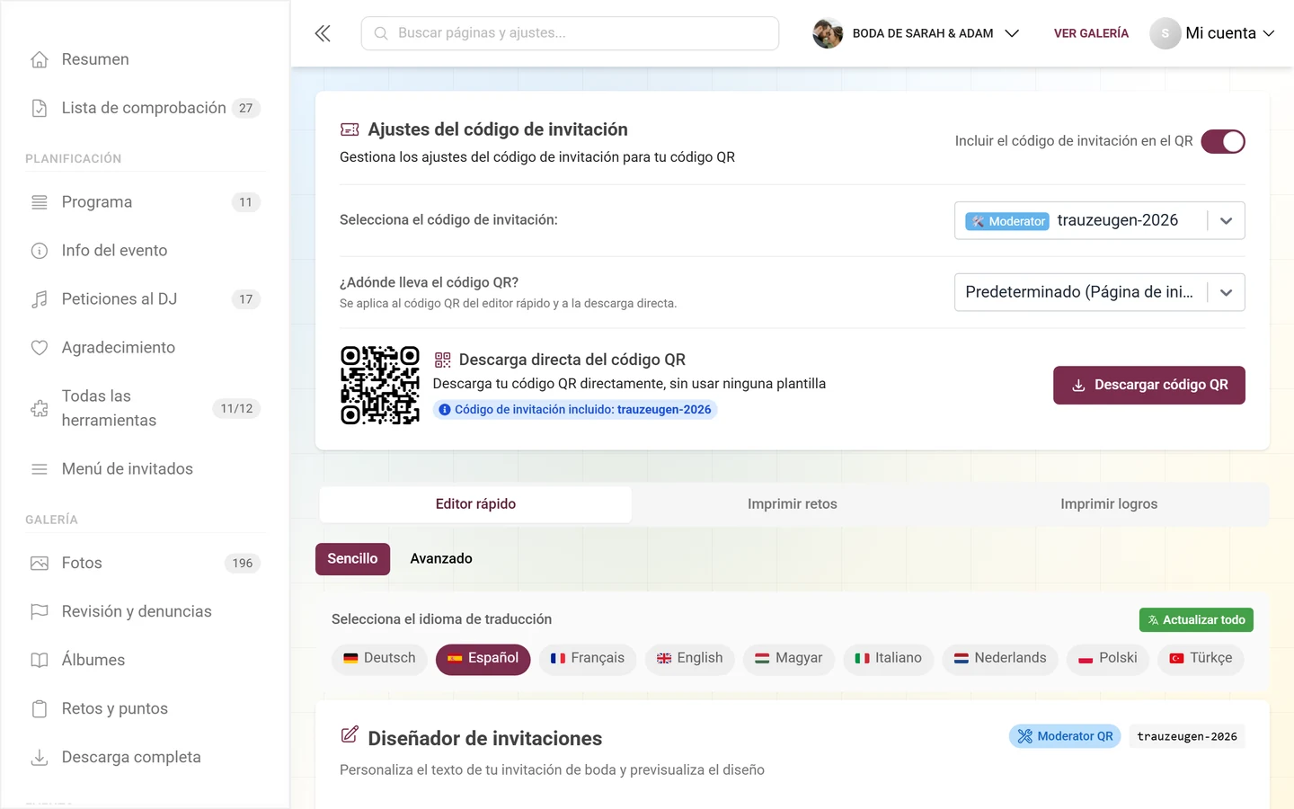 Tarjeta de ajustes del código de invitación con el interruptor, el destino del QR y la descarga directa