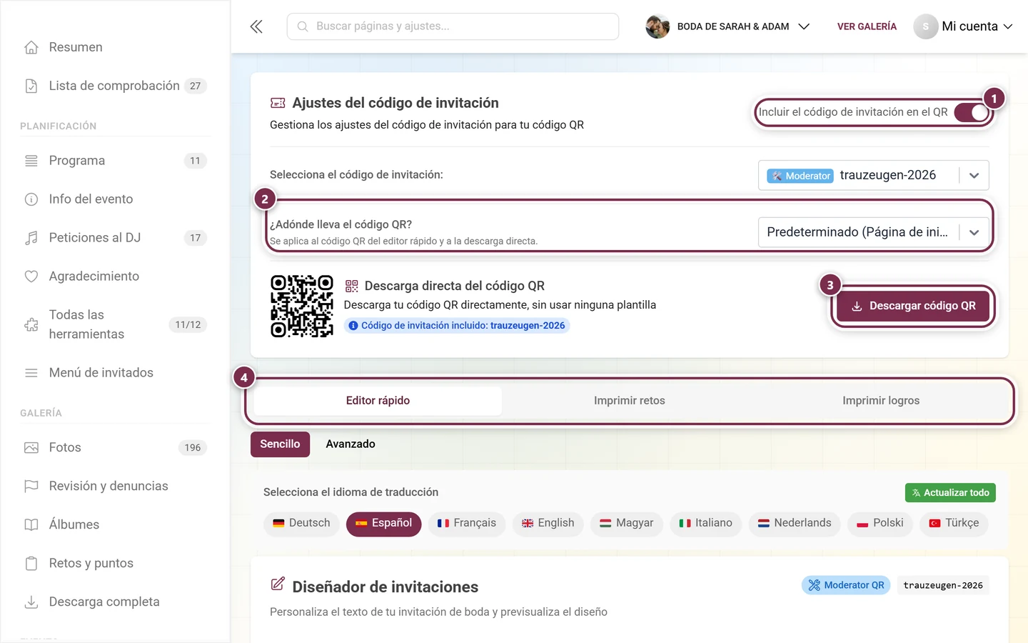 Página de plantillas de impresión con el interruptor del código de invitación, el destino del QR, el botón de descarga y las pestañas resaltados