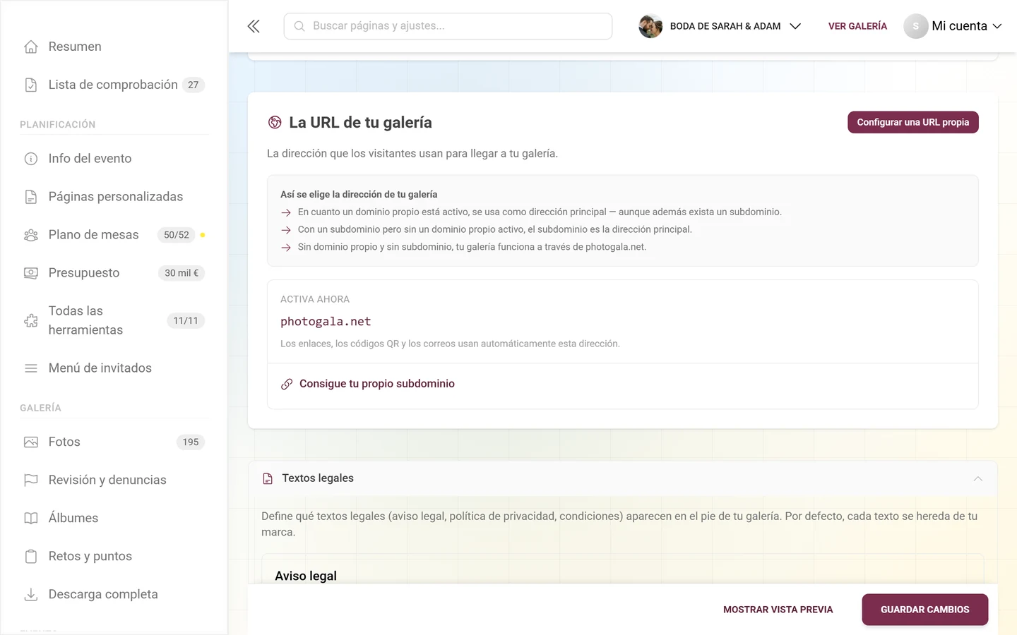 Sección La URL de tu galería con la dirección actual