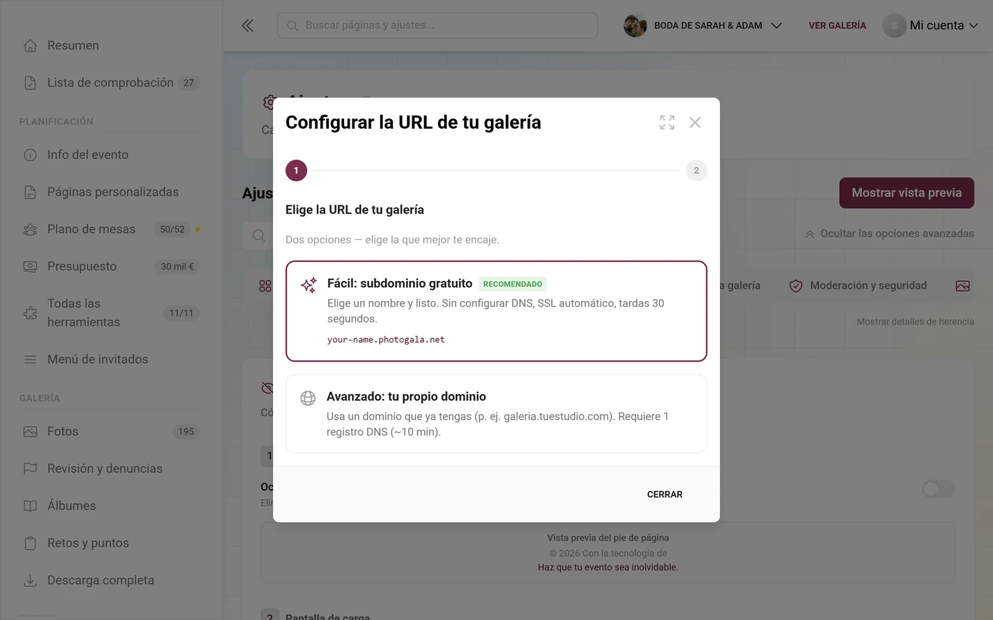 Asistente para configurar una URL de galería propia