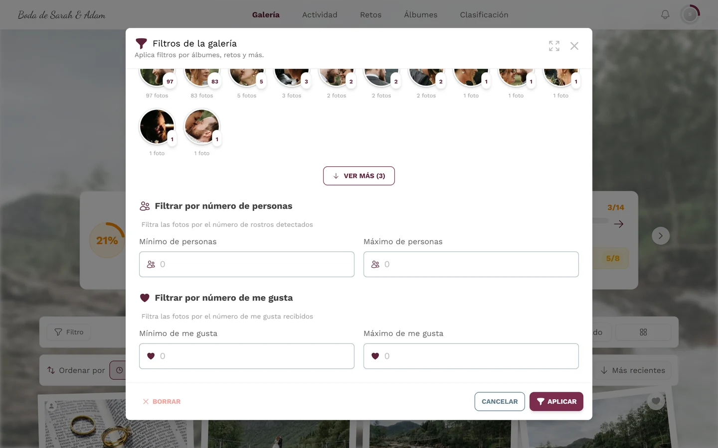 Apartado de filtro Filtrar por número de personas con los campos Mínimo y Máximo de personas