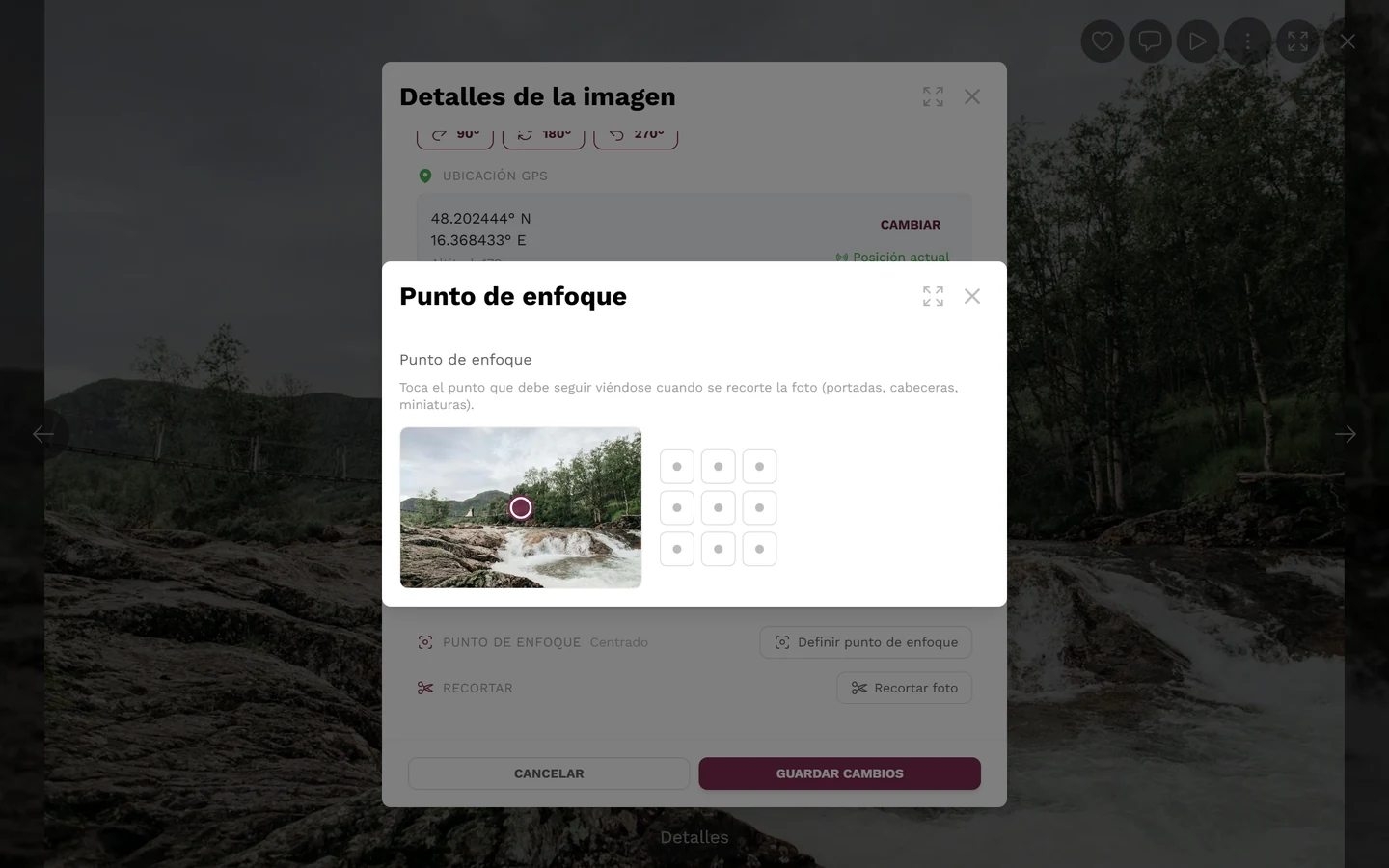 Ventana emergente Punto de enfoque con imagen de vista previa, marca y la cuadrícula de nueve zonas