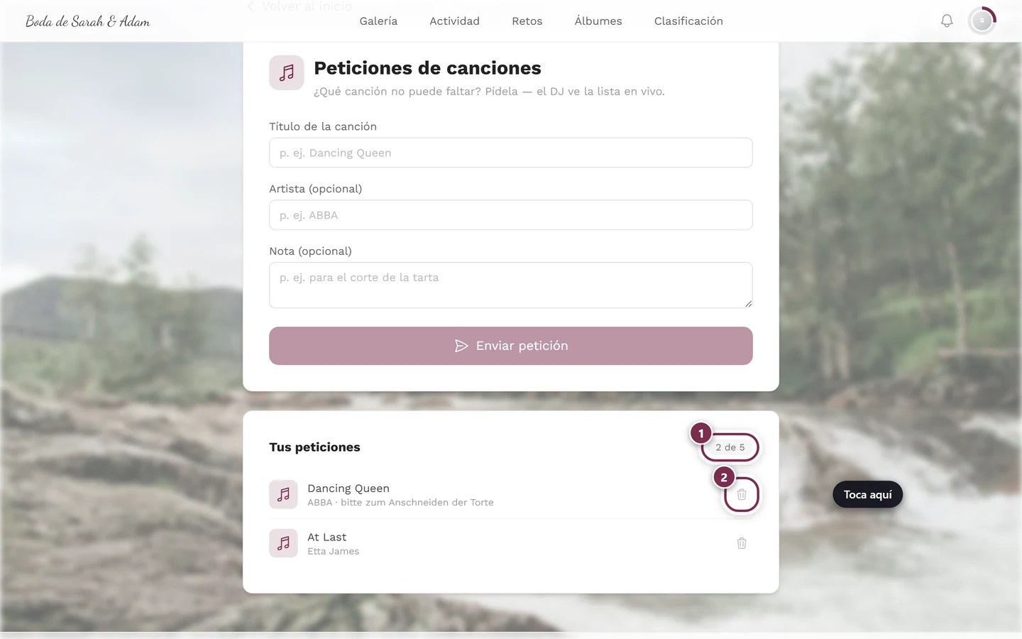 Sección Tus peticiones con dos entradas, el contador 2 de 5 y los iconos de papelera