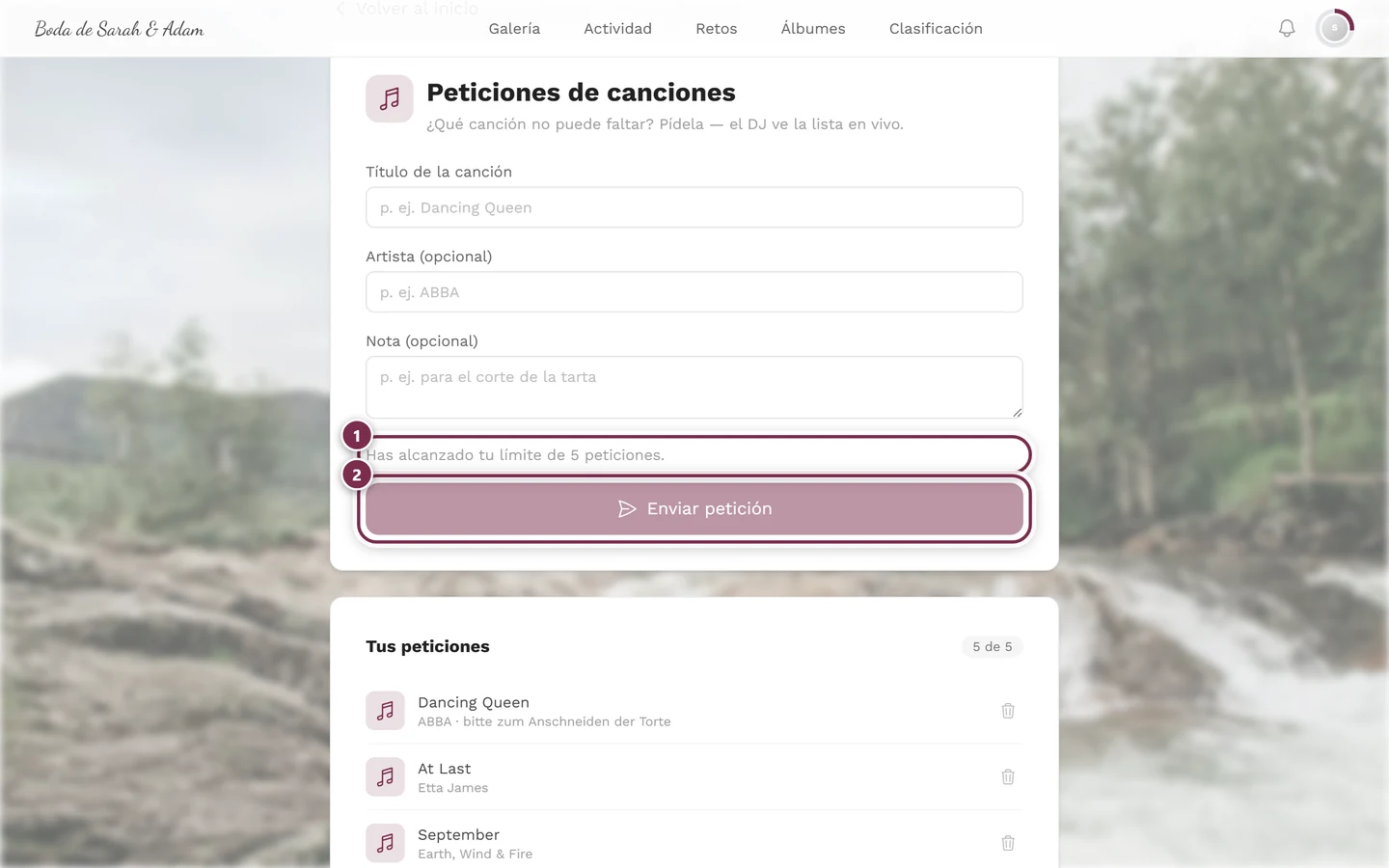 Formulario con botón gris y el aviso Has alcanzado tu límite de 5 peticiones