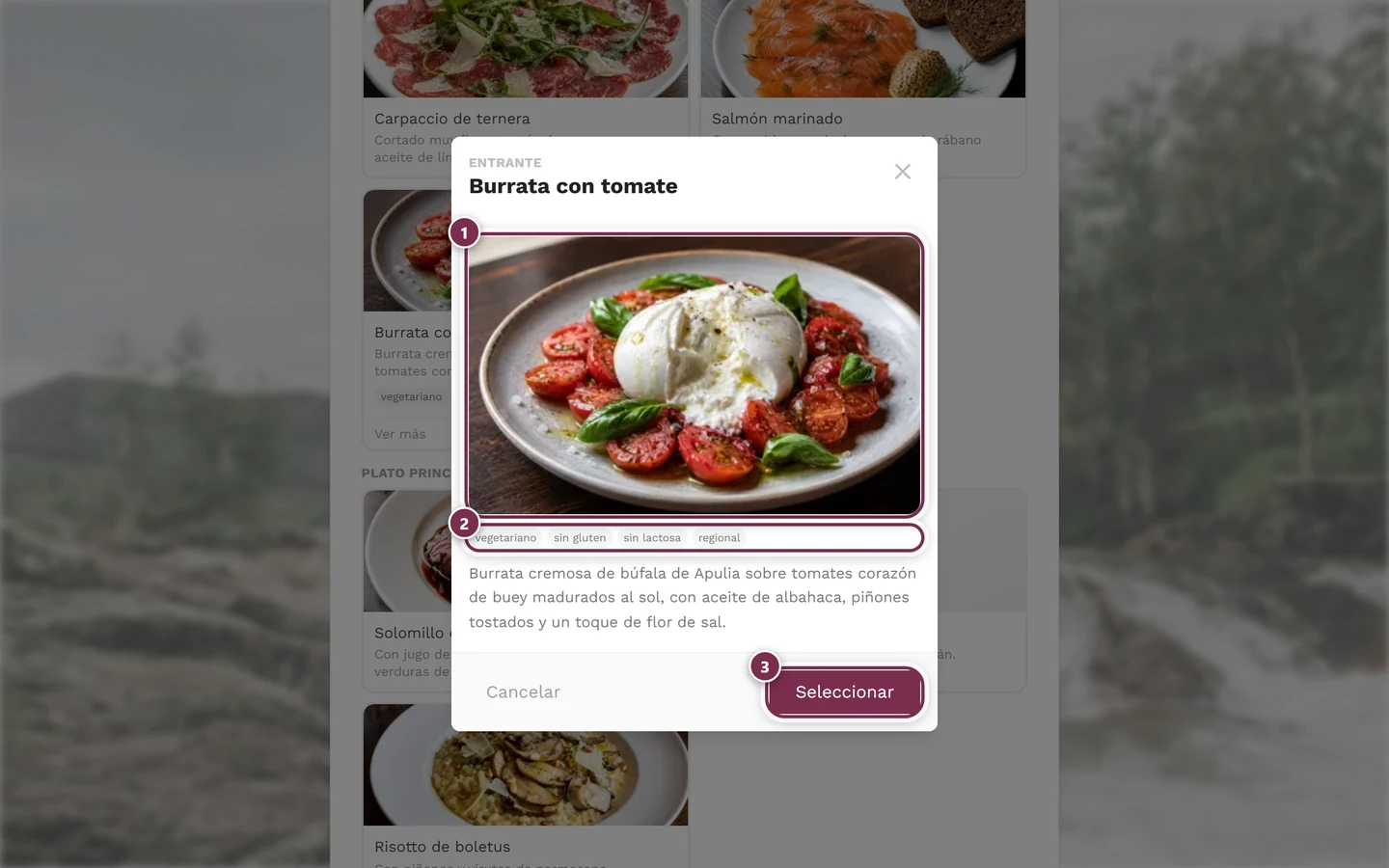 Vista ampliada de un plato con foto, todos los avisos y el botón Seleccionar
