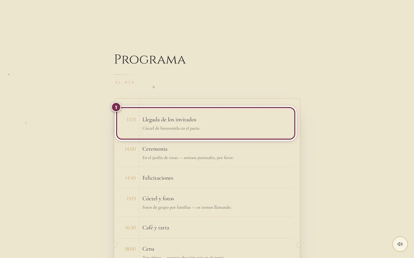 Sección Programa con una línea de tiempo y el anillo alrededor del primer punto del programa