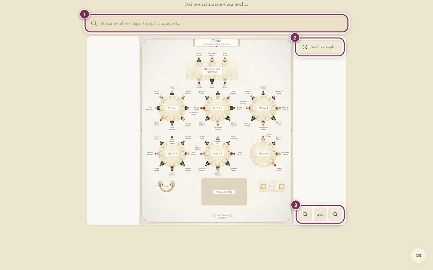 Plano de mesas incrustado en la invitación con anillos alrededor del campo de búsqueda, Pantalla completa y los botones de zoom