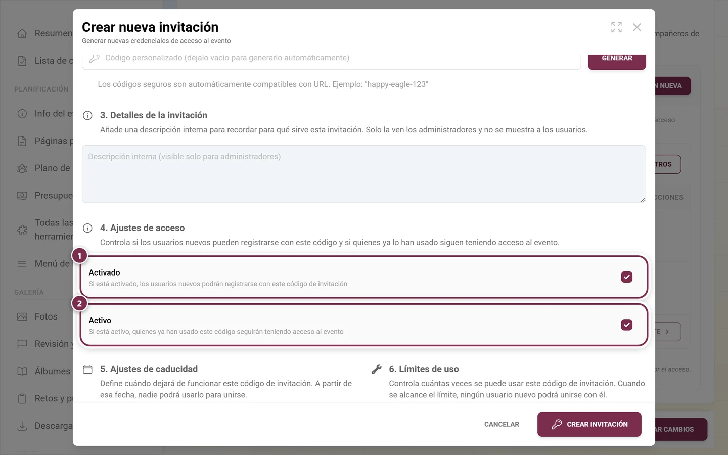 Sección 4 del diálogo con las casillas Activado y Activo
