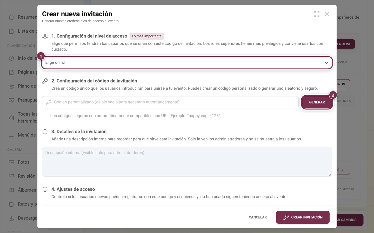 Diálogo de creación con el desplegable de rol y el botón Generar