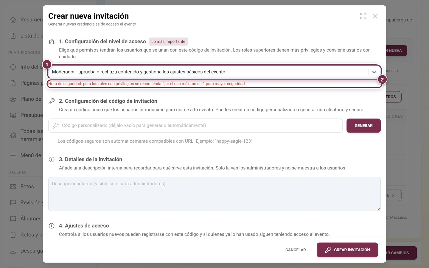 Diálogo de creación con el rol Moderador seleccionado y la nota de seguridad roja debajo