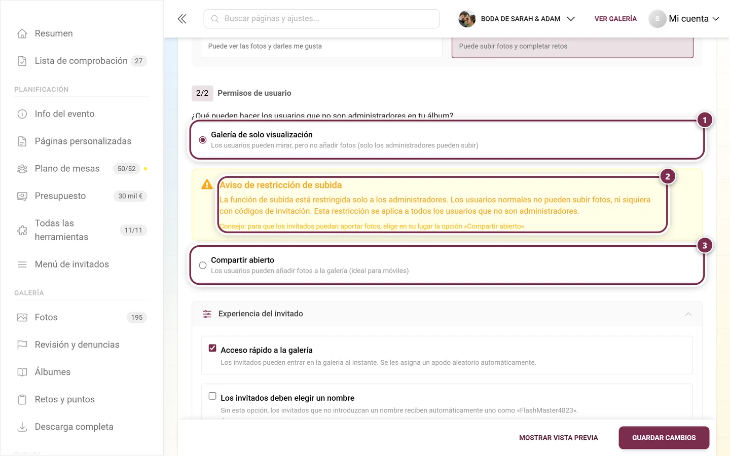 Sección Modo de galería con la opción Galería de solo visualización seleccionada y el aviso Todas las subidas de invitados están desactivadas