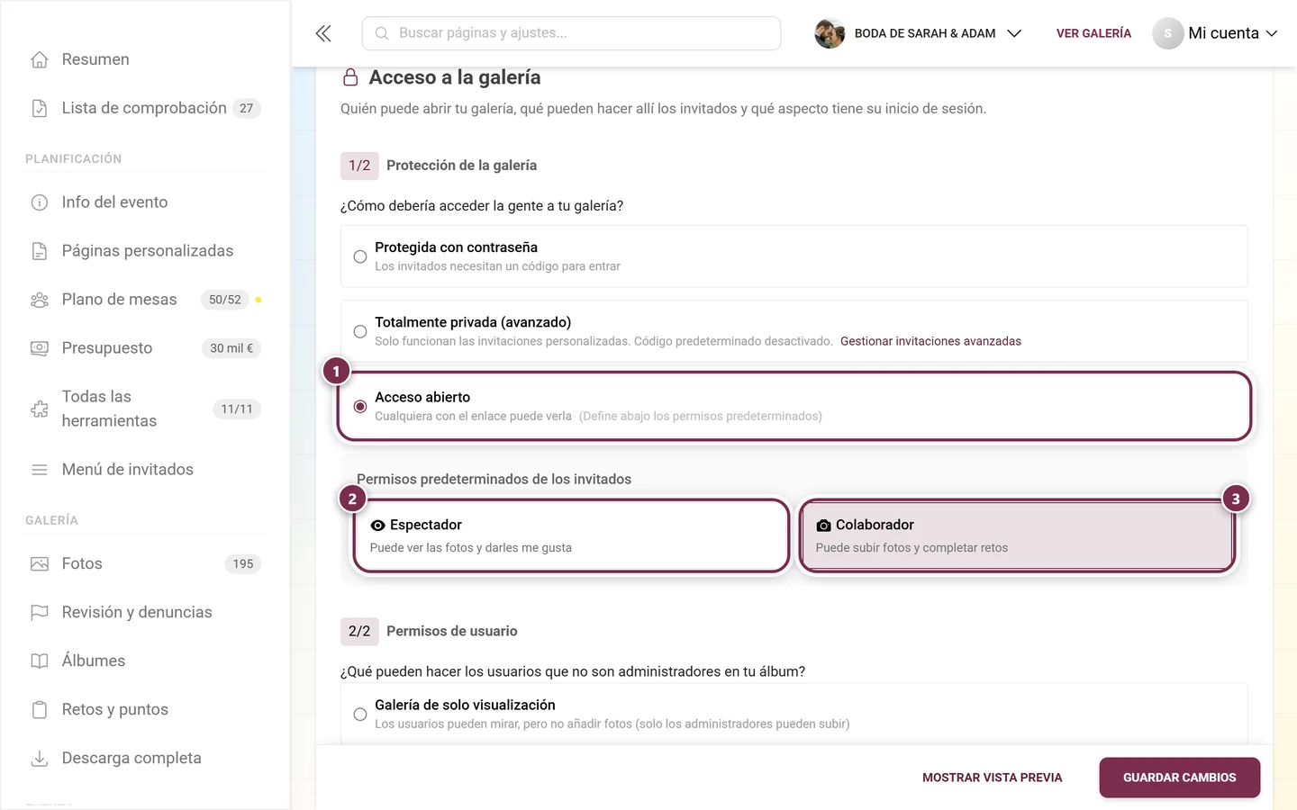 Protección de la galería con la opción Acceso abierto seleccionada y las opciones Espectador y Colaborador