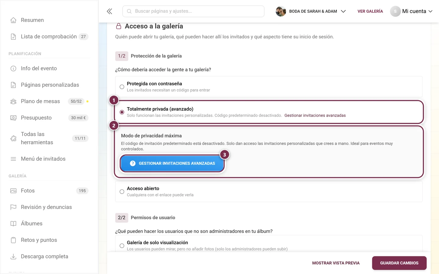Protección de la galería con la opción Totalmente privada seleccionada y el cuadro informativo Modo de privacidad máxima