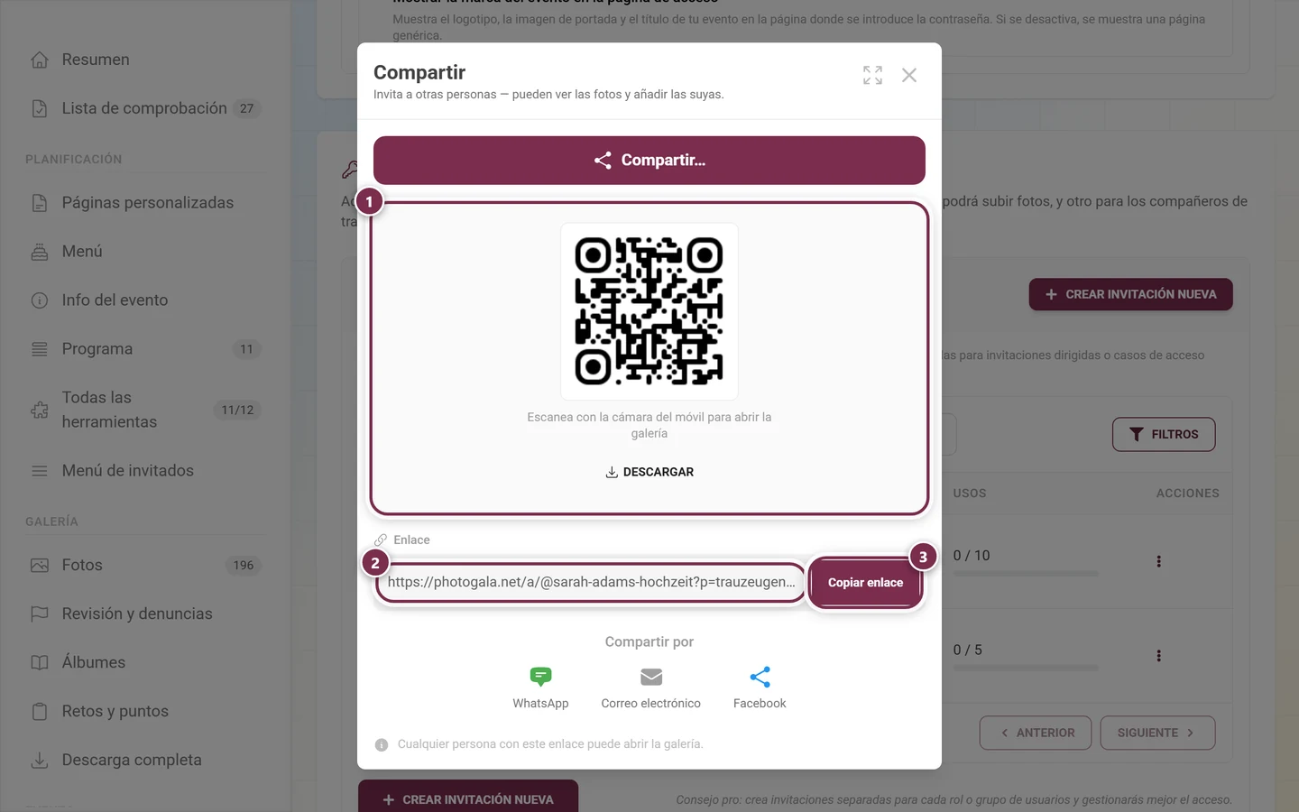 Diálogo Compartir con código QR, botón Descargar, campo de enlace y Copiar enlace
