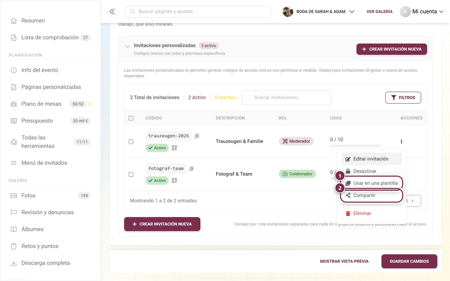 Menú de fila abierto con las opciones Editar invitación, Desactivar, Usar en una plantilla, Compartir y Eliminar