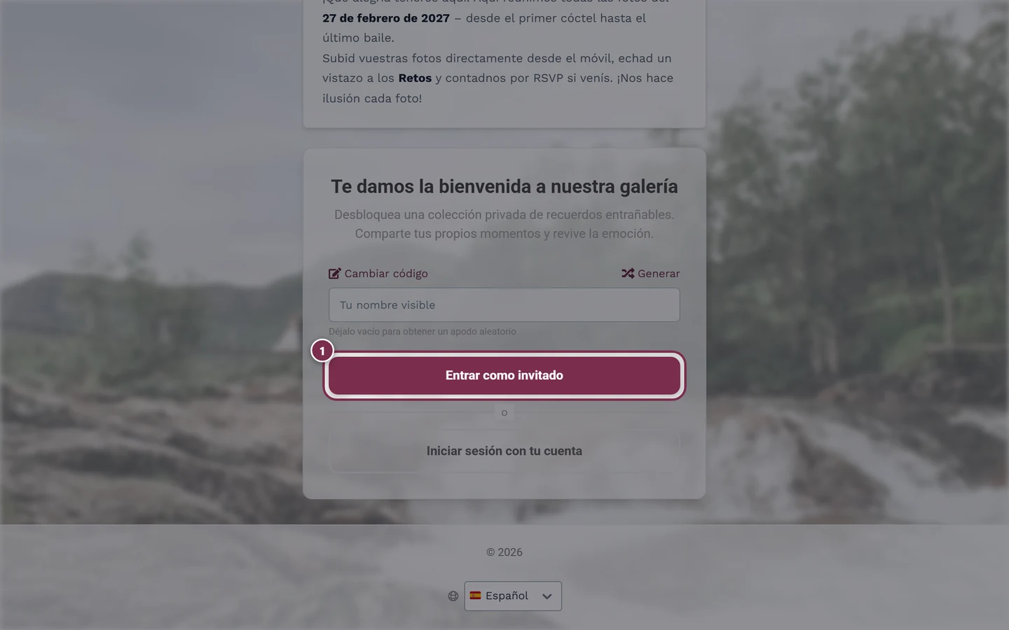 Campo Tu nombre con el botón Continuar a las fotos destacado