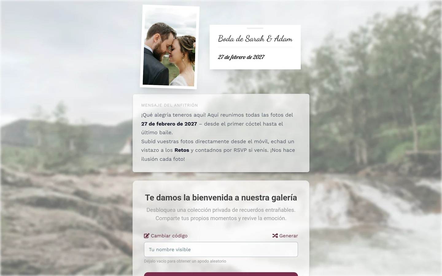 Pantalla de bienvenida del evento antes de unirse