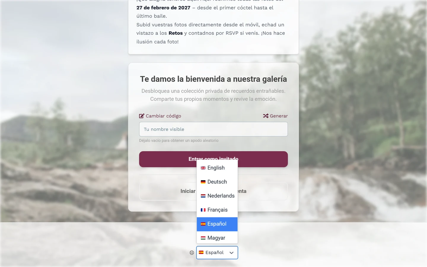 Pie de página de la pantalla de bienvenida con el icono del globo y la lista de idiomas desplegada