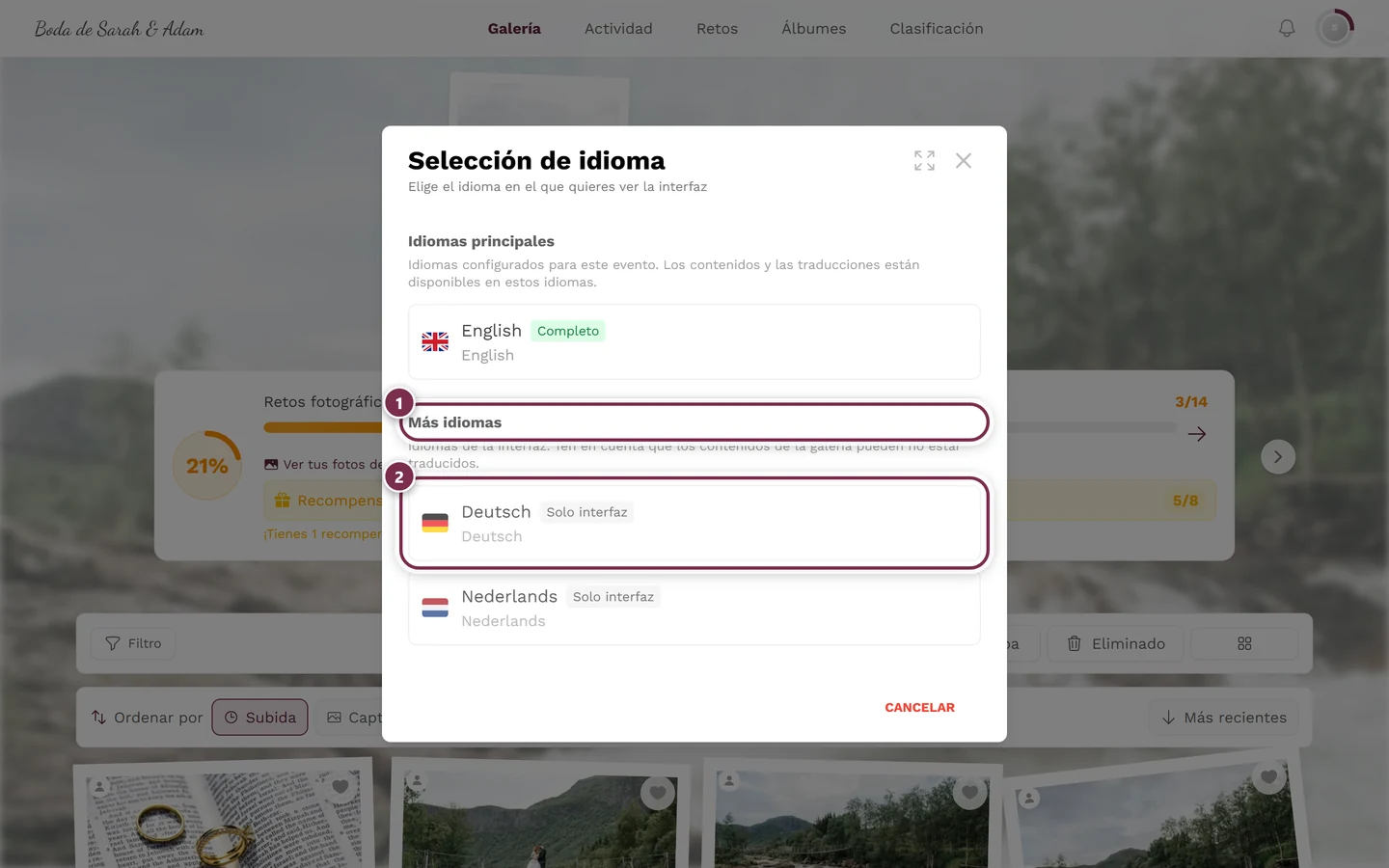 Diálogo de selección de idioma con el grupo Más idiomas y una fila con la insignia Solo interfaz marcada