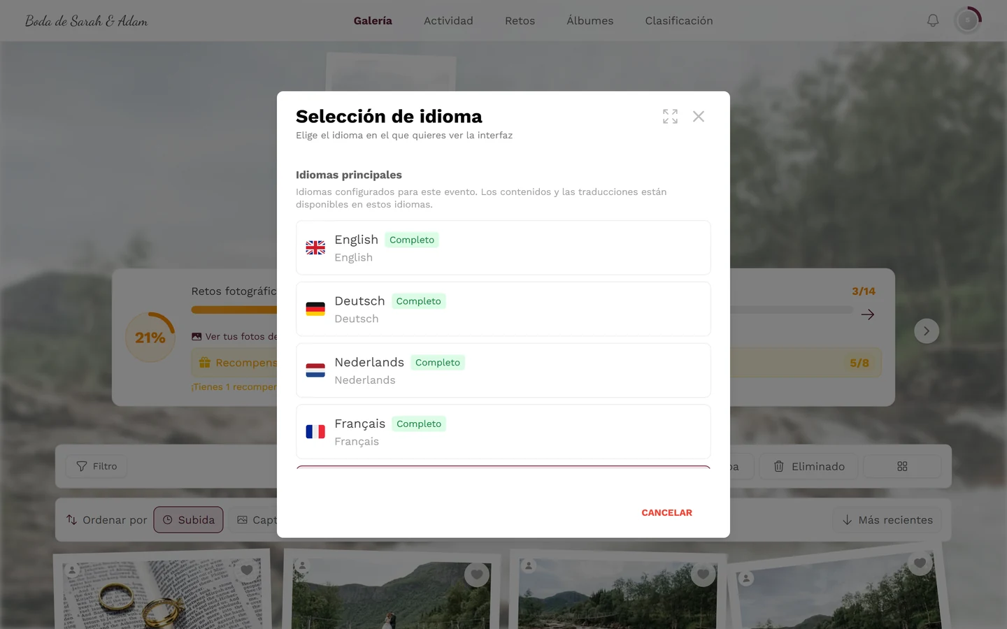 Diálogo Selección de idioma con idiomas principales, insignias Completo y una marca de verificación en el idioma activo
