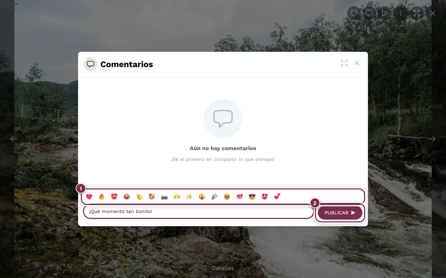Zona de comentarios de una foto con el campo de entrada relleno, la barra de emojis y el botón Publicar resaltados