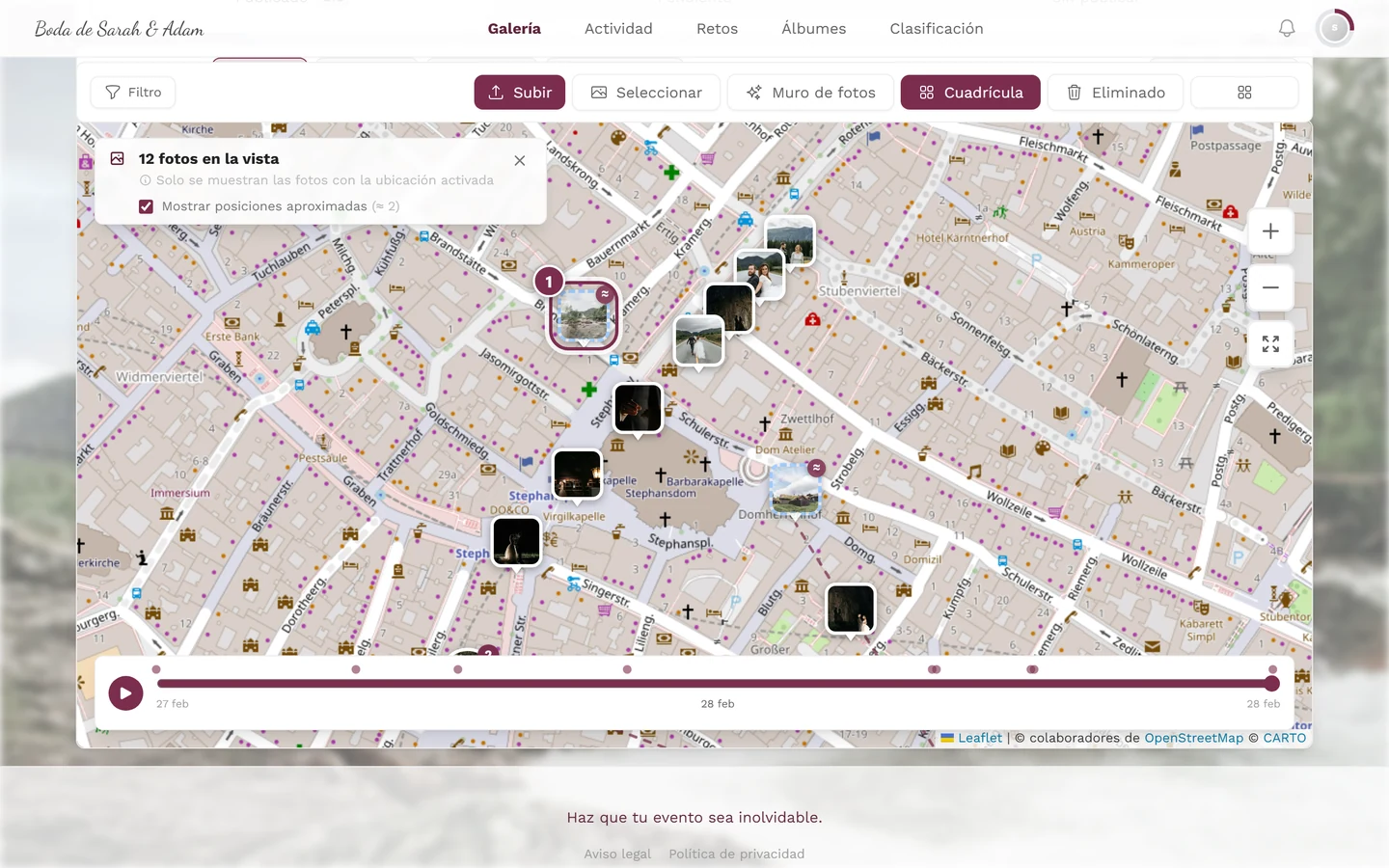 Mapa ampliado con un marcador de foto resaltado con borde discontinuo e insignia ≈