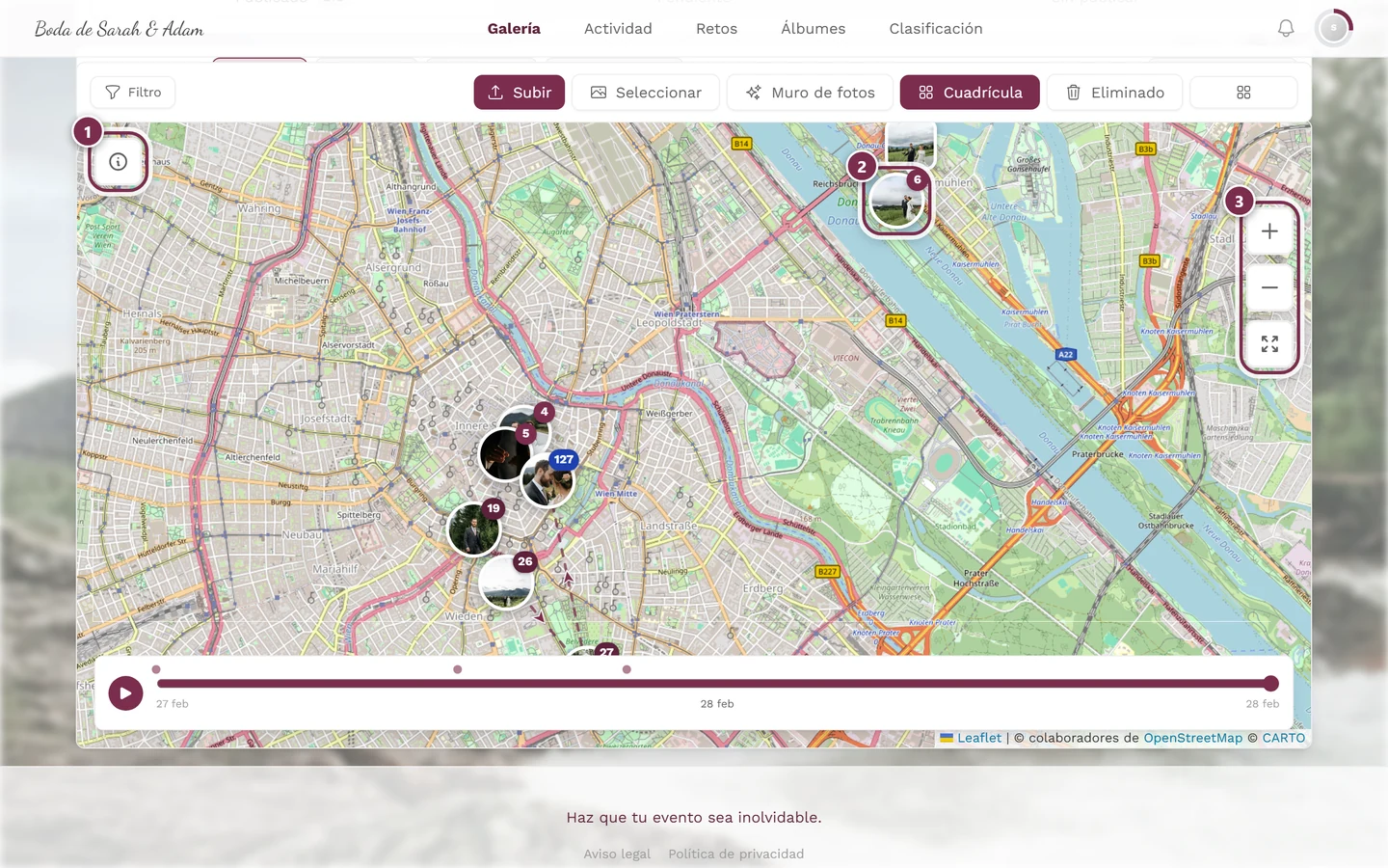 Vista de mapa con tres marcas: información, grupo de fotos, zoom
