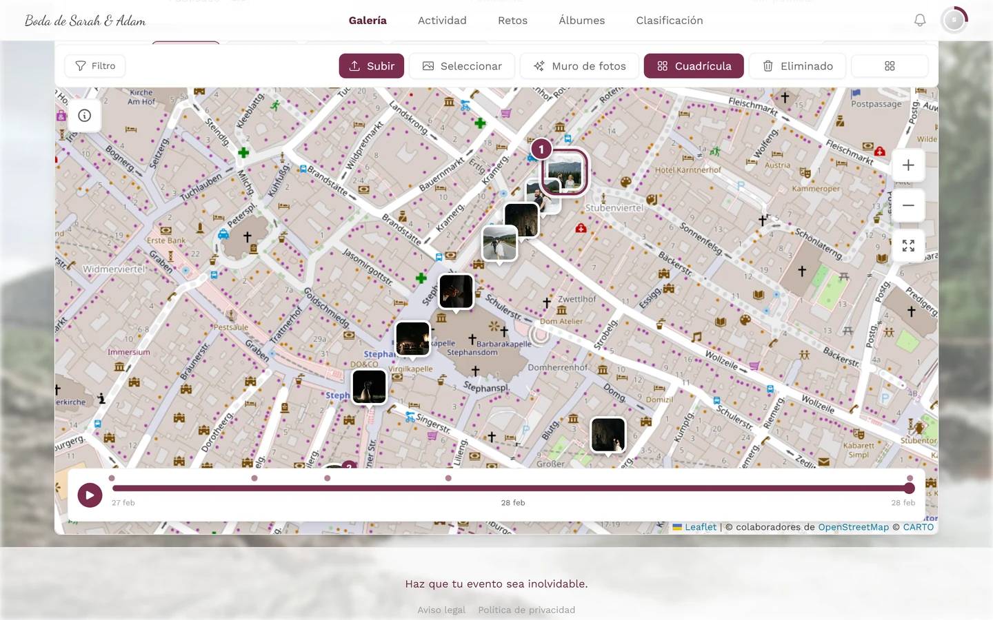 Mapa muy ampliado en el que el grupo se deshace en marcadores de foto individuales