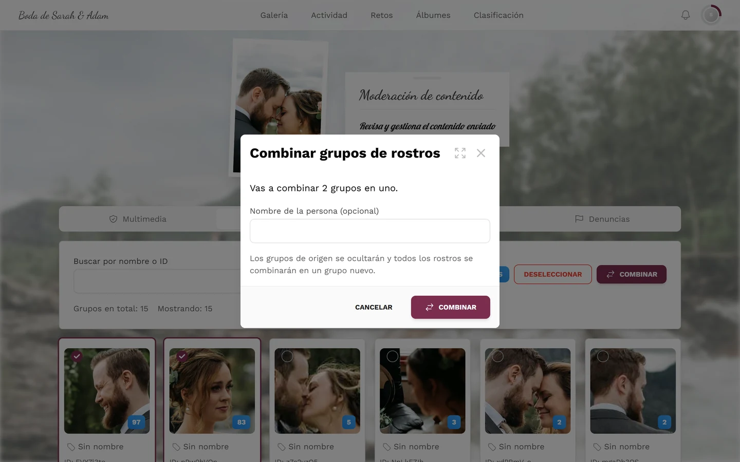 Diálogo Combinar grupos de rostros con el número de grupos, el campo Nombre de la persona (opcional) y los botones Cancelar y Combinar