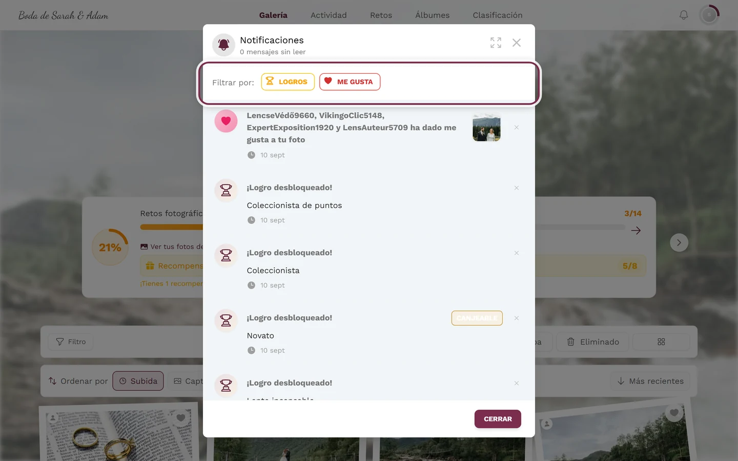 Menú de notificaciones abierto, con la barra de filtros de chips por tipo resaltada