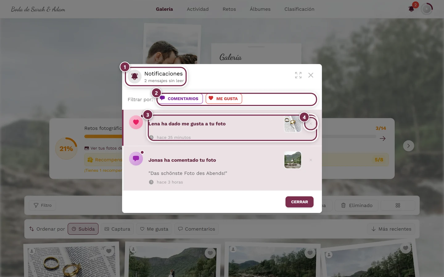 Diálogo de notificaciones con cuatro marcas: cabecera, filtro, elemento, eliminar