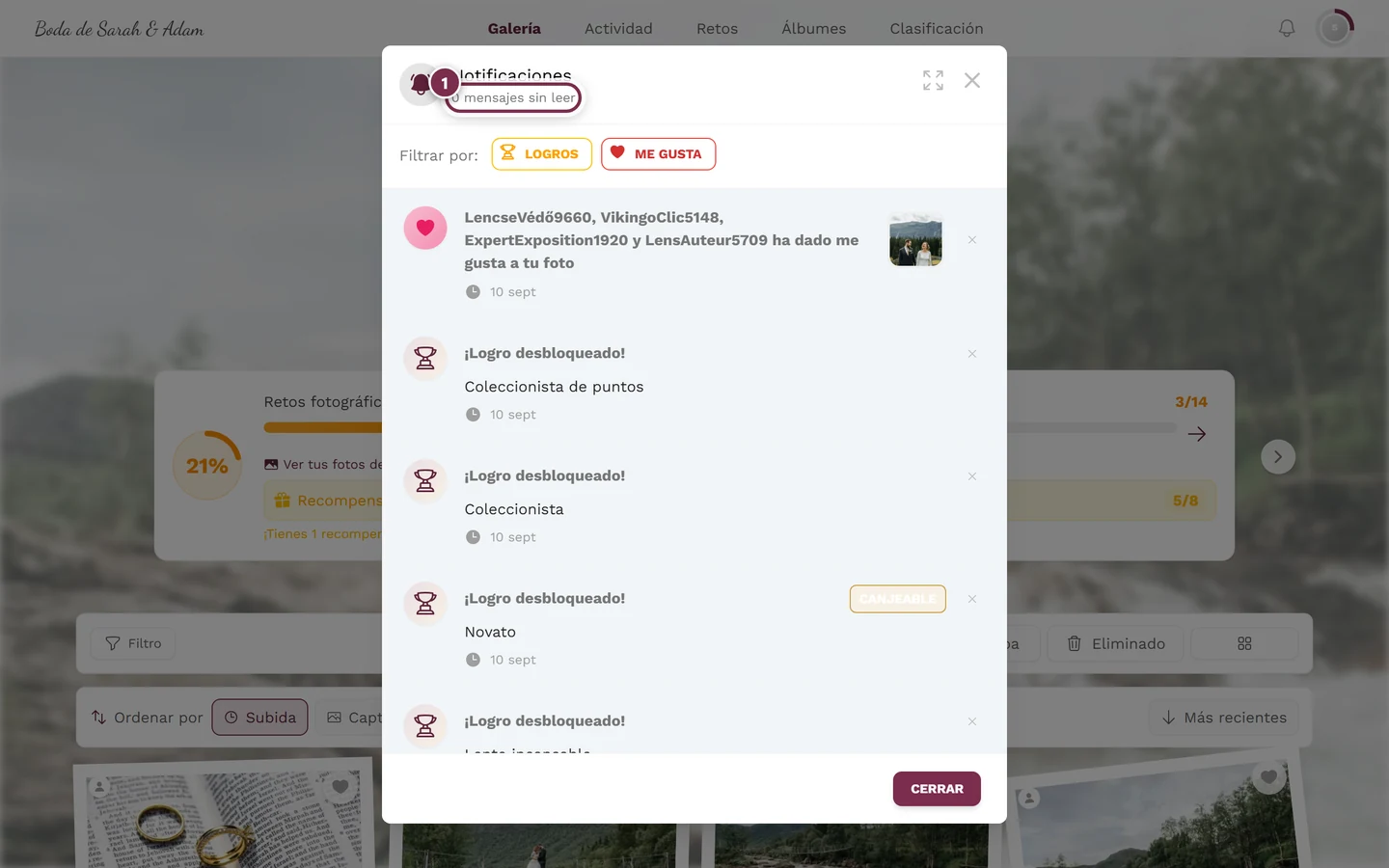 Cuadro de notificaciones abierto, con la línea de mensajes sin leer resaltada
