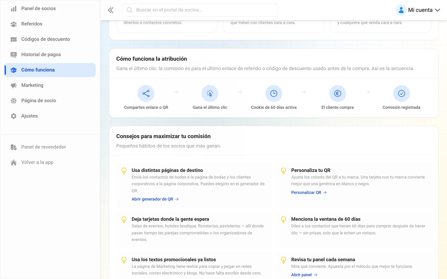 Gráfico del proceso de atribución, desde compartir el enlace hasta el registro de la comisión