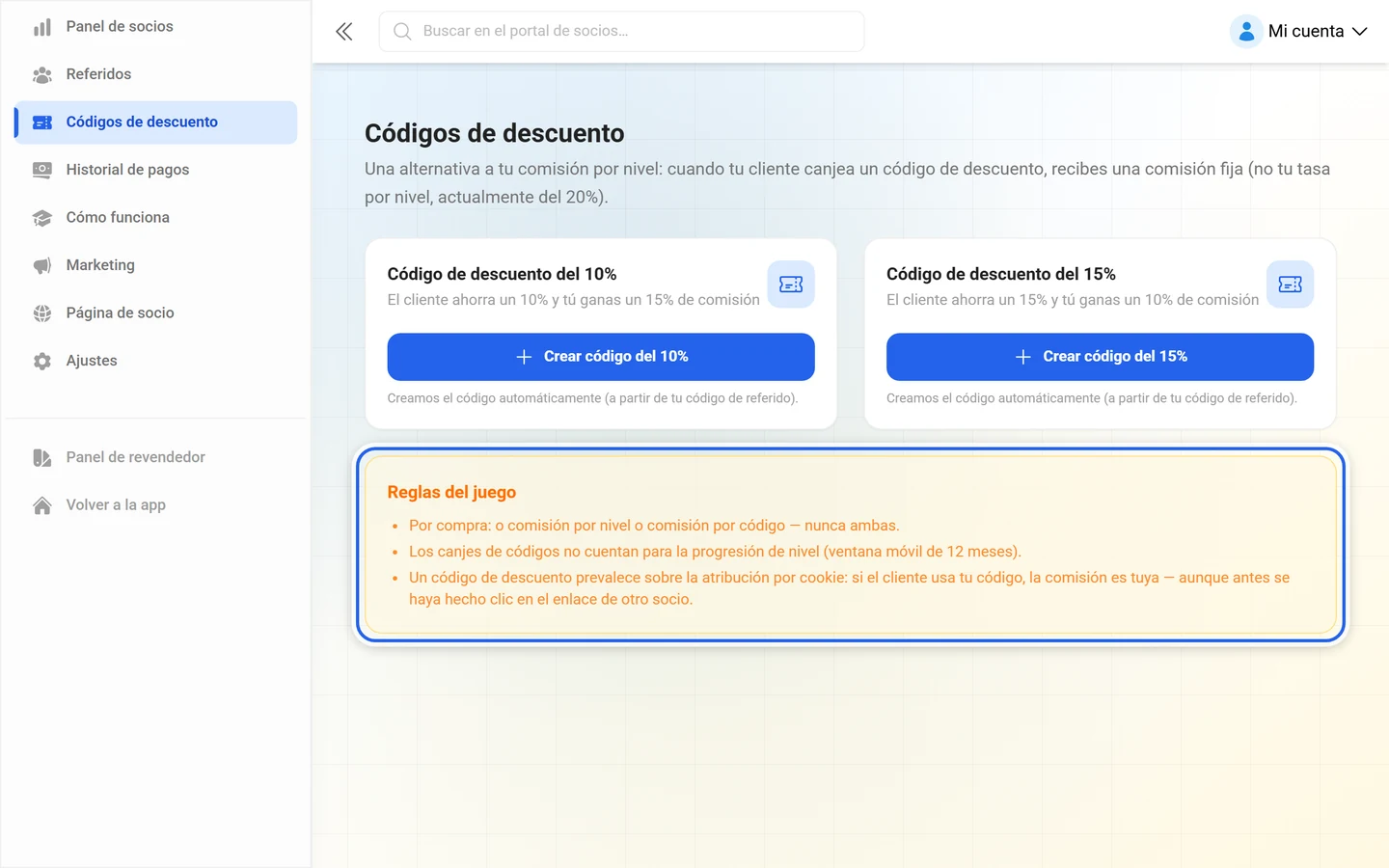 Cuadro destacado de Reglas del juego con las tres reglas sobre comisión por código y por nivel