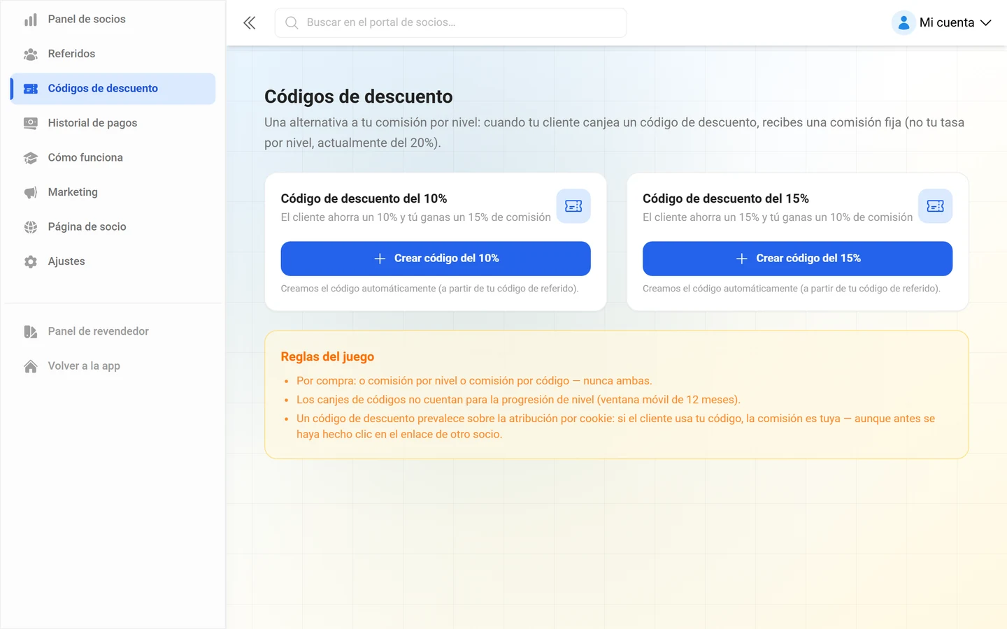 Resumen de los códigos de descuento del socio