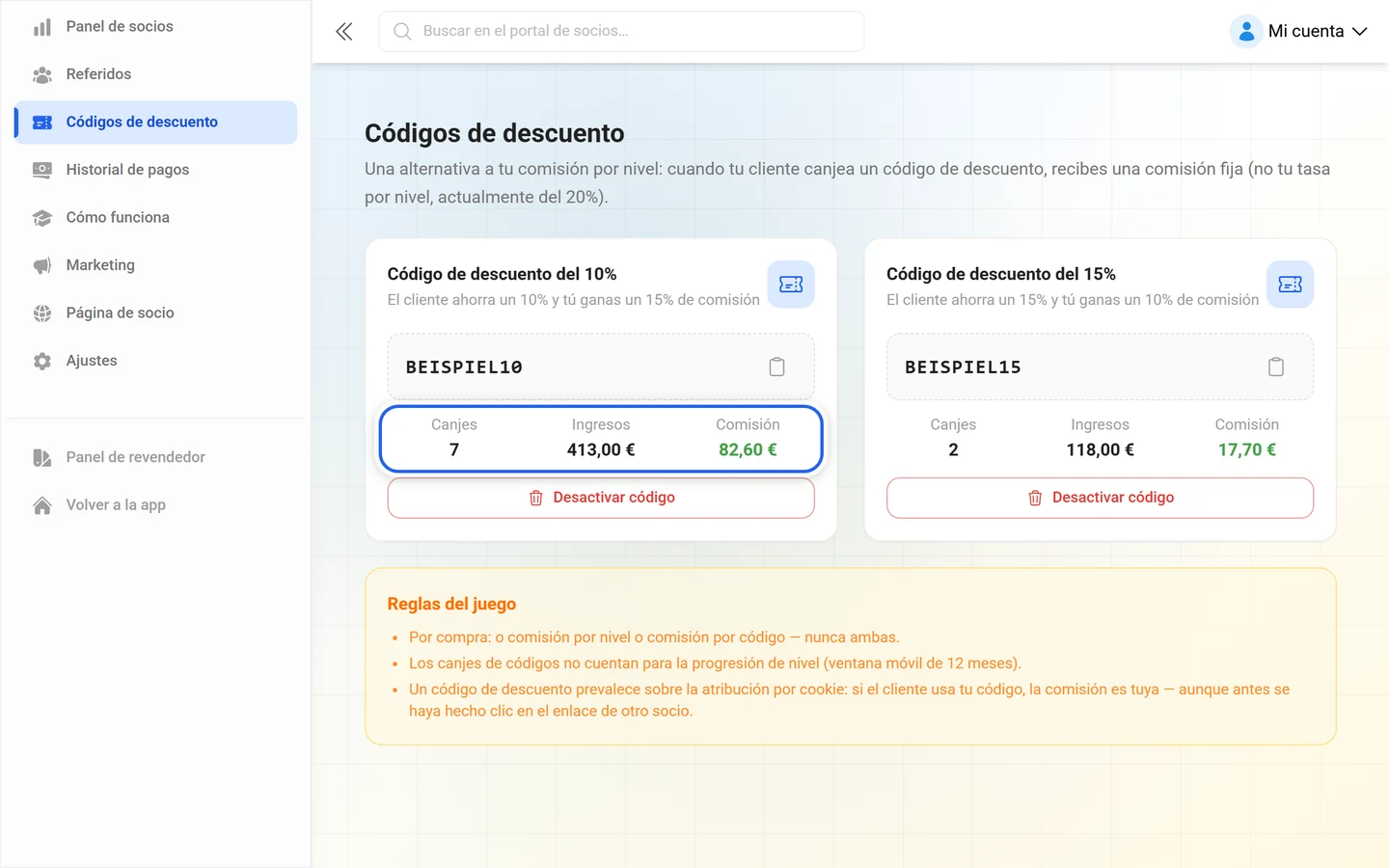 Tarjeta de código de descuento en el área de socios con las cifras de canjes, ingresos y comisión