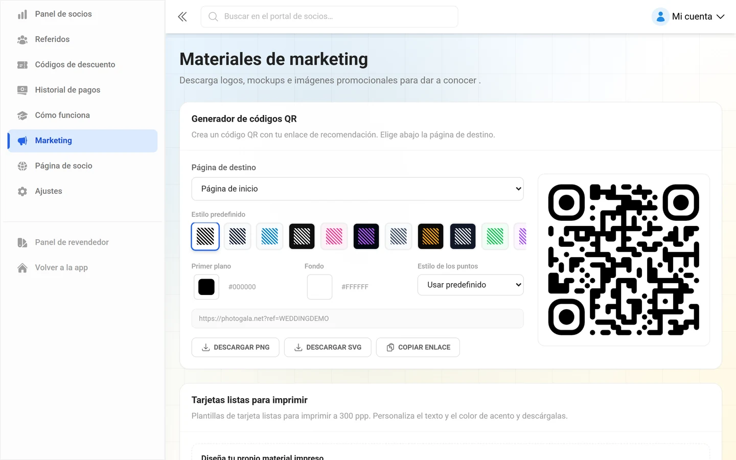 Página de material de marketing con el generador de códigos QR y las tarjetas listas para imprimir