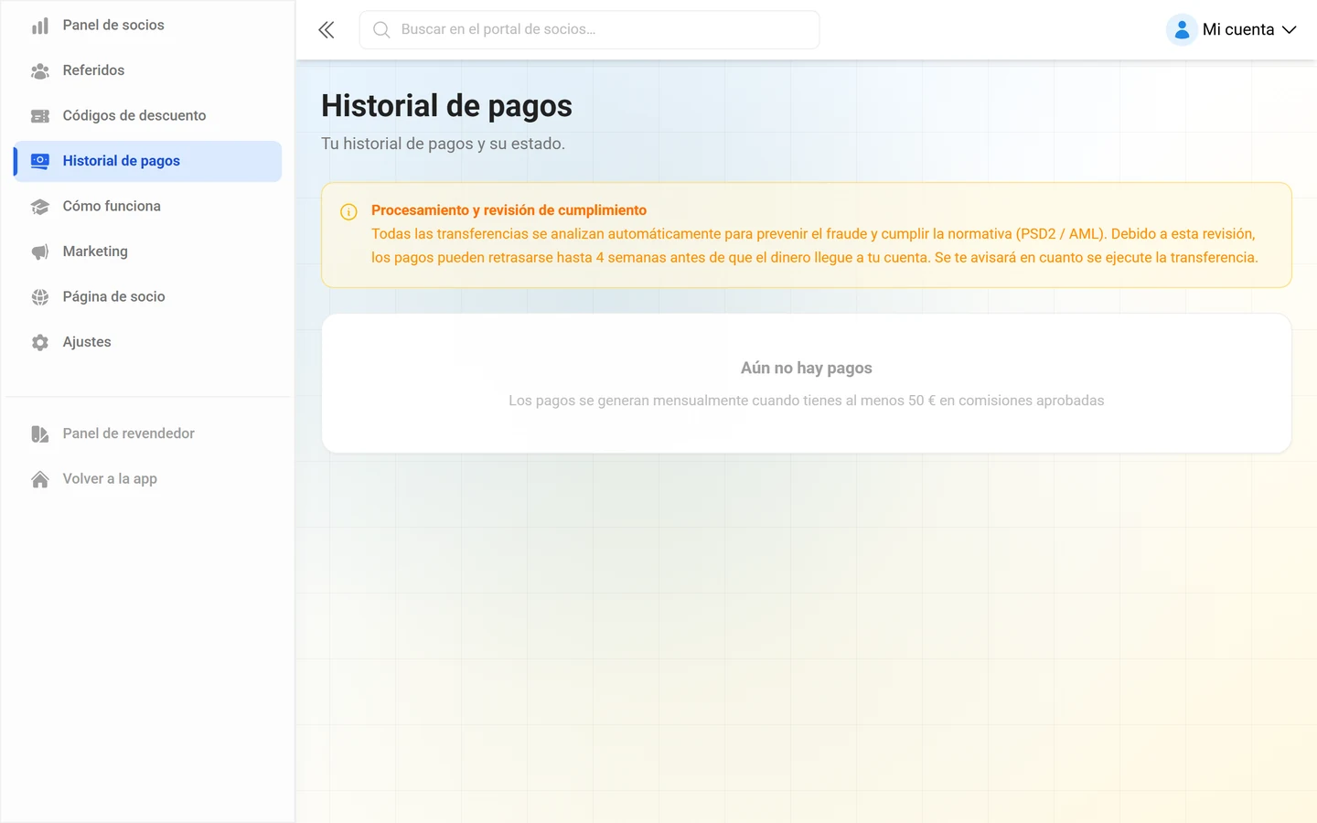Historial de pagos en el portal de socios