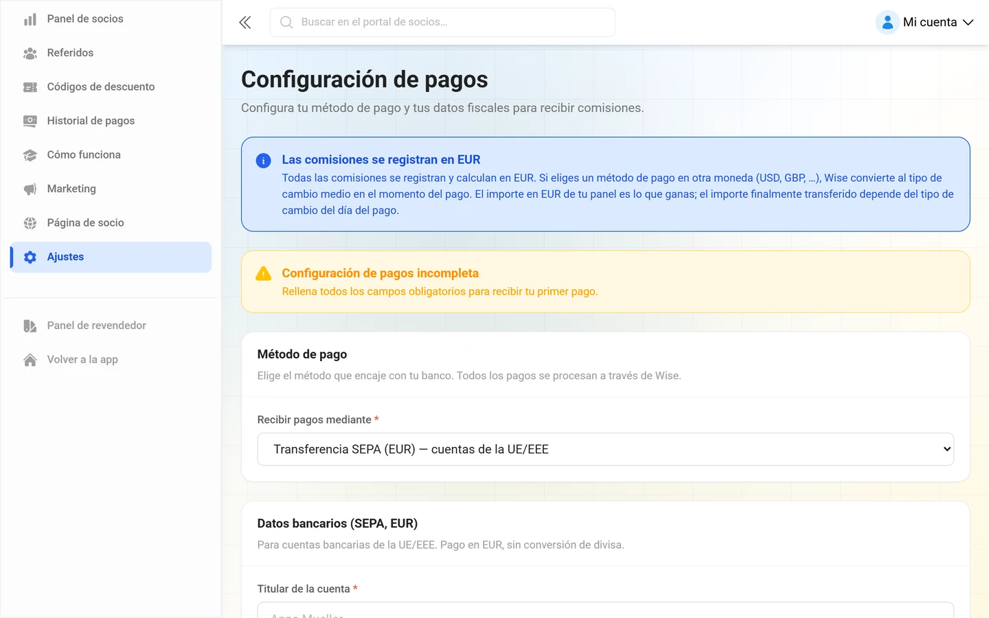 Ajustes de pago y datos fiscales en el portal de socios