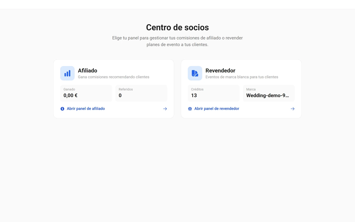 Portal de socios con la opción de elegir entre afiliado y revendedor