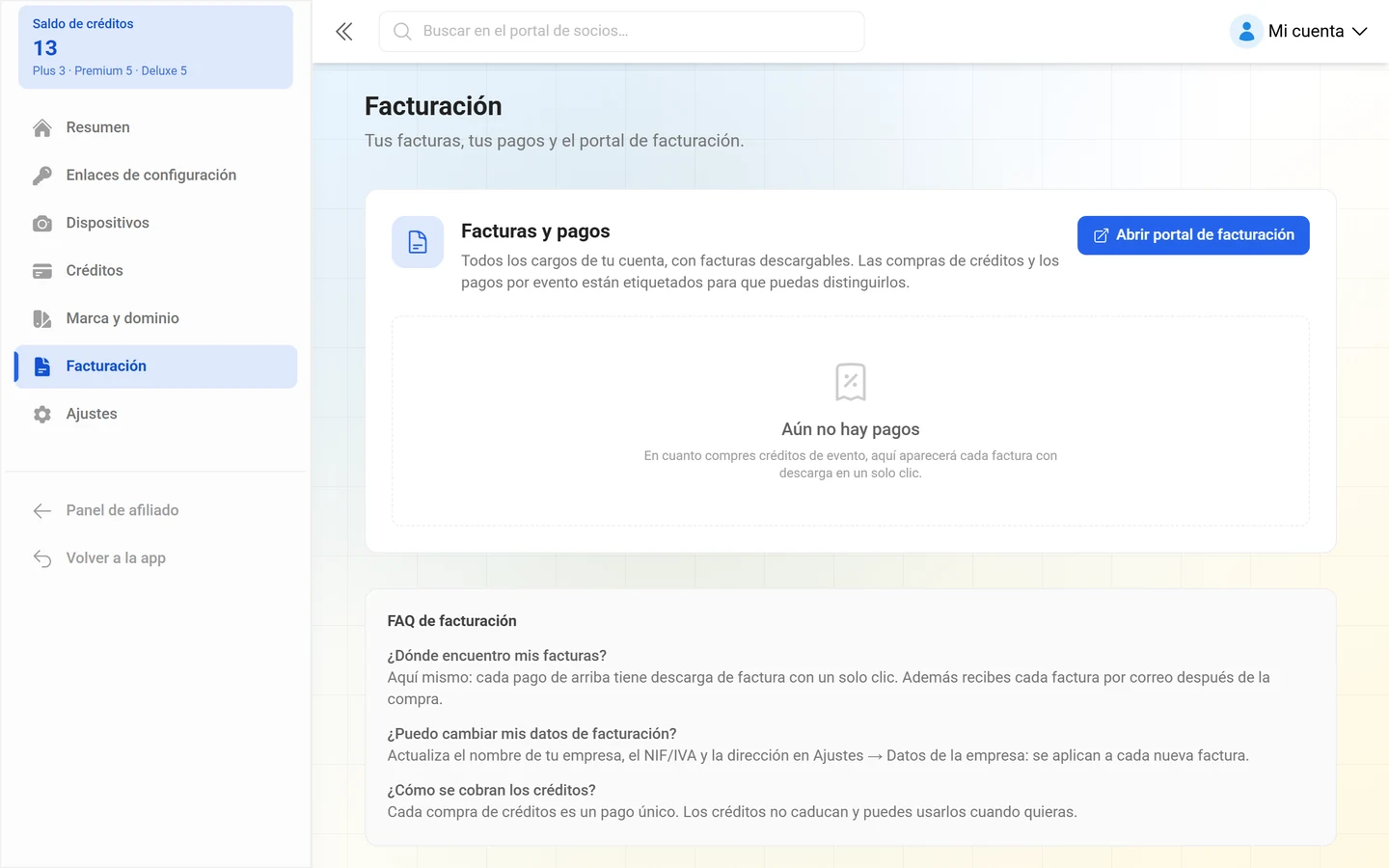 Página de facturación con la lista de facturas y pagos