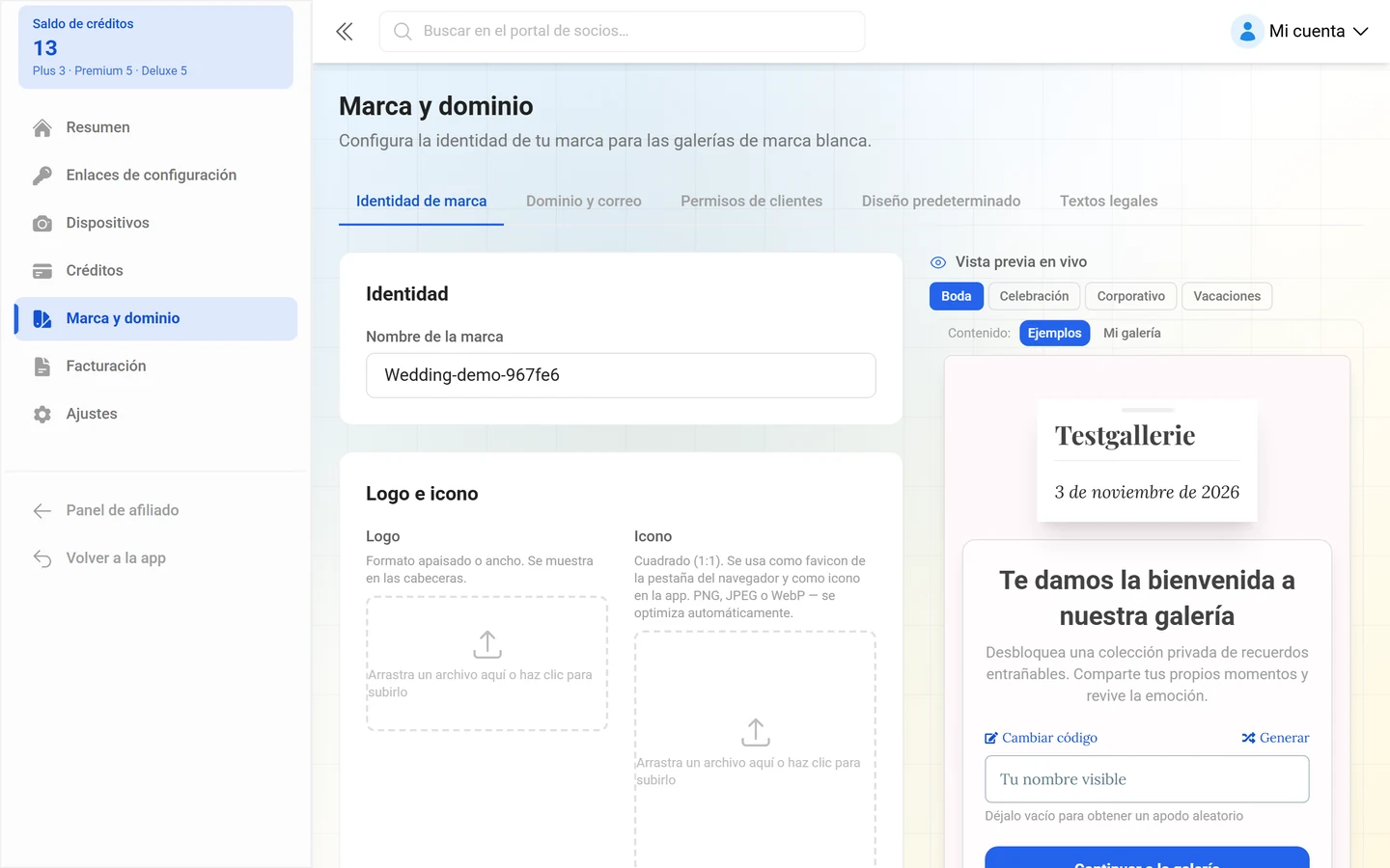 Ajustes de marca del portal de reseller con las cinco pestañas